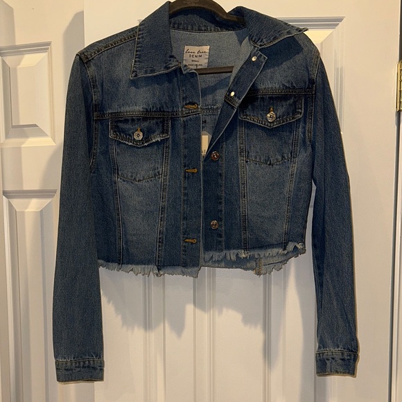 Love Tree Dark Blue Frayed Hem Jean Jacket - Picture 1 of 4